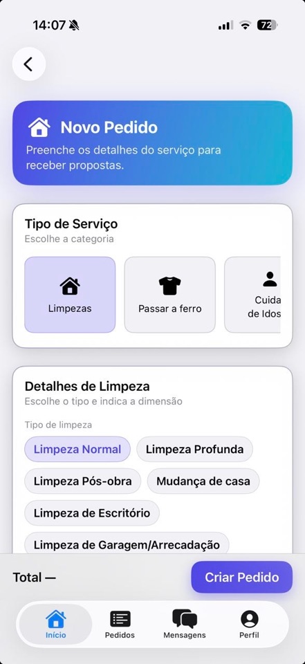 Ecrã da app AjudaJá para criar um novo pedido